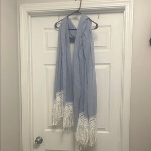Elegant Blue and White Scarf with Lace Trim